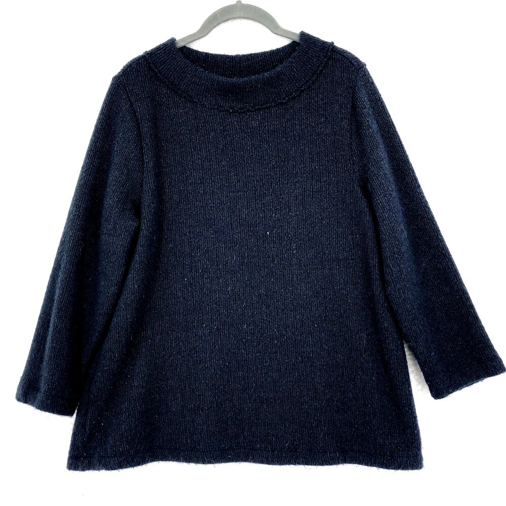 LOFT Knit Sweater Womens Large Black Rib Pullover Round Neck 3/4 Sleeve Stretch